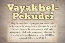 Vayakhel (“He Assembled”) opens as God commands the Israelites to observe the Sabbath. Moses asks for material donations for the building of the Mishkan (Tabernacle), and the people donate. A group of artisans designated by God begin building the Mishkan and its vessels. Pekudei (“Accountings Of”) is the final Torah reading in the Book of Exodus. It describes the making of priestly garments worn in the Mishkan (Tabernacle) and the completion of its construction. At God’s command, Moses erects the Mishkan and puts its vessels in place, and God's presence fills the Mishkan.